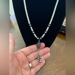 Vintage Sterling Silver White Black Pearl Marcasite Y-Drop Necklace Lavalier 18"